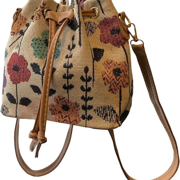 Women's Floral Canvas Bucket Bag Mini Crossbody Purses Drawstring - Picture 1 of 6